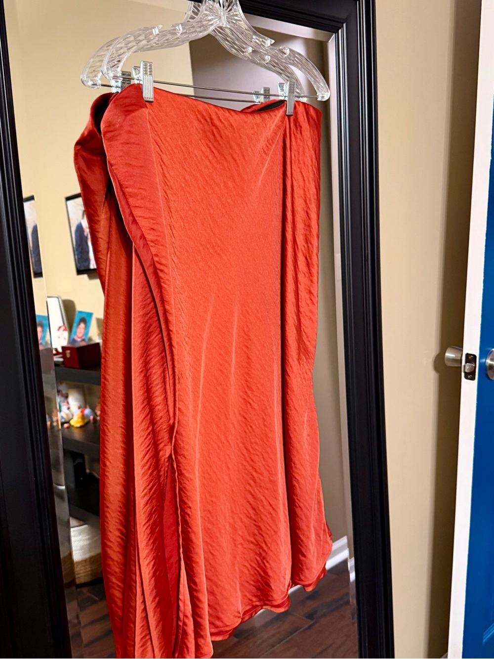 Women's Flowing Rust Midi Skirt - Elegant Draped Design with Small Slit